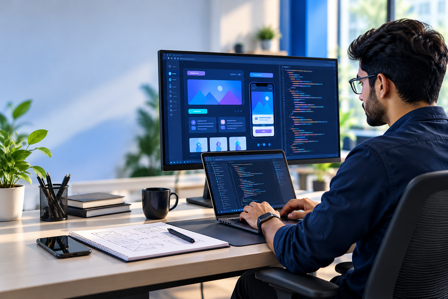 Software developer working at a computer with code and design prototypes on screen
